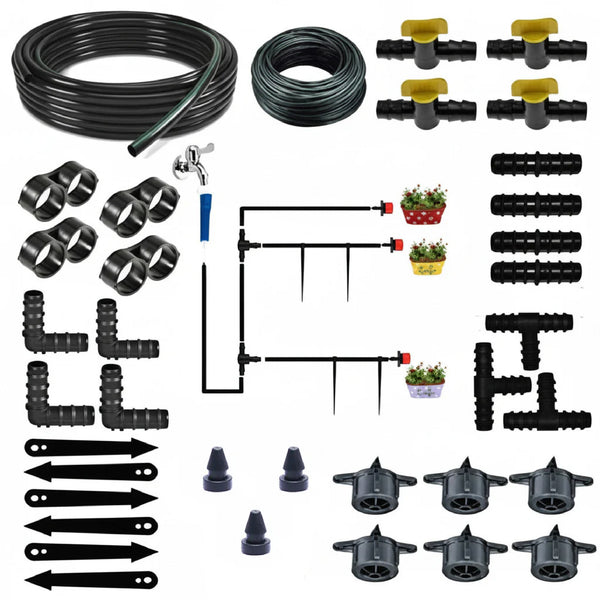 Drip irrigation kit with various components on a white background